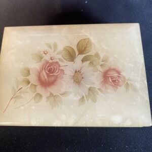 Vintage - Alabaster Giftware Trinket Box Pink Roses Italy‎ Himark